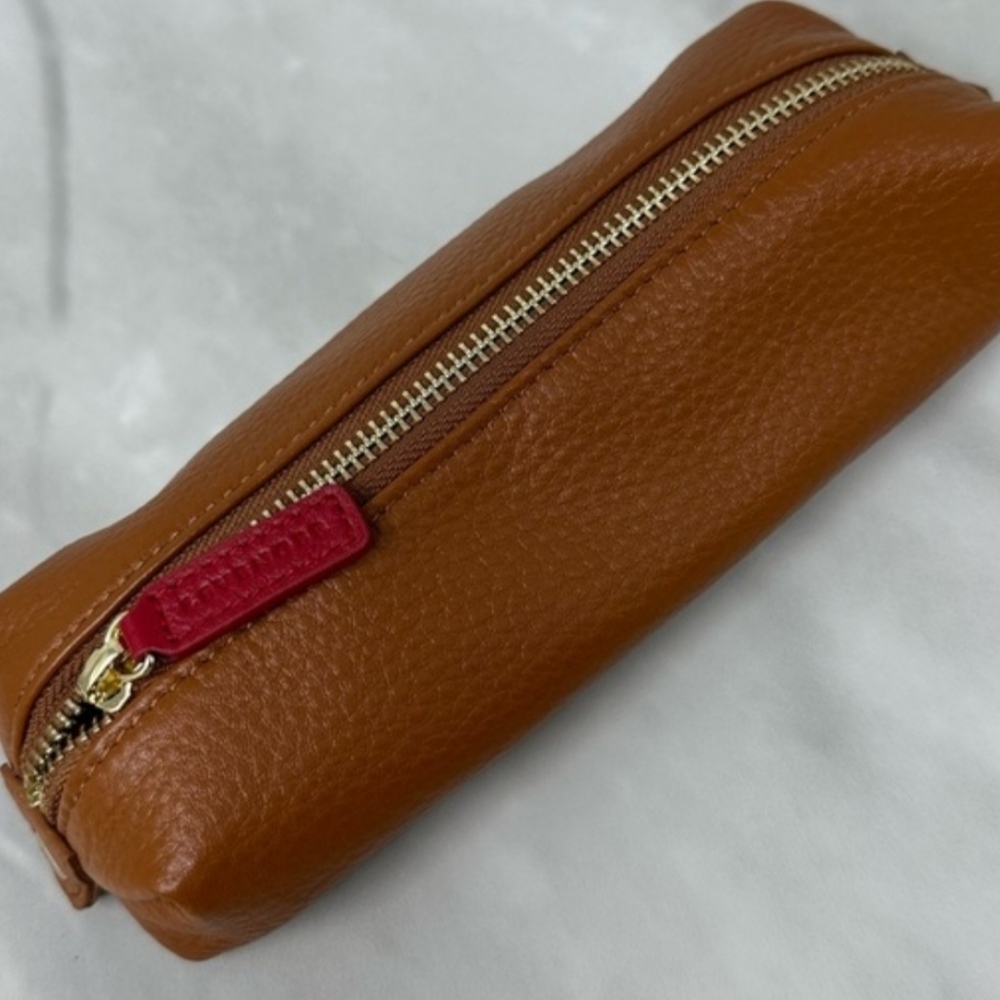 Levenger Brown Pebbled Leather Pen Pencil Cosmetic Brush Case Zipper Pouch - Picture 2 of 8